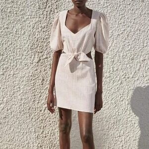 Zara Womens Linen Blend Cut Out with Bow Mini Dress Size XS White Puff Sleeve